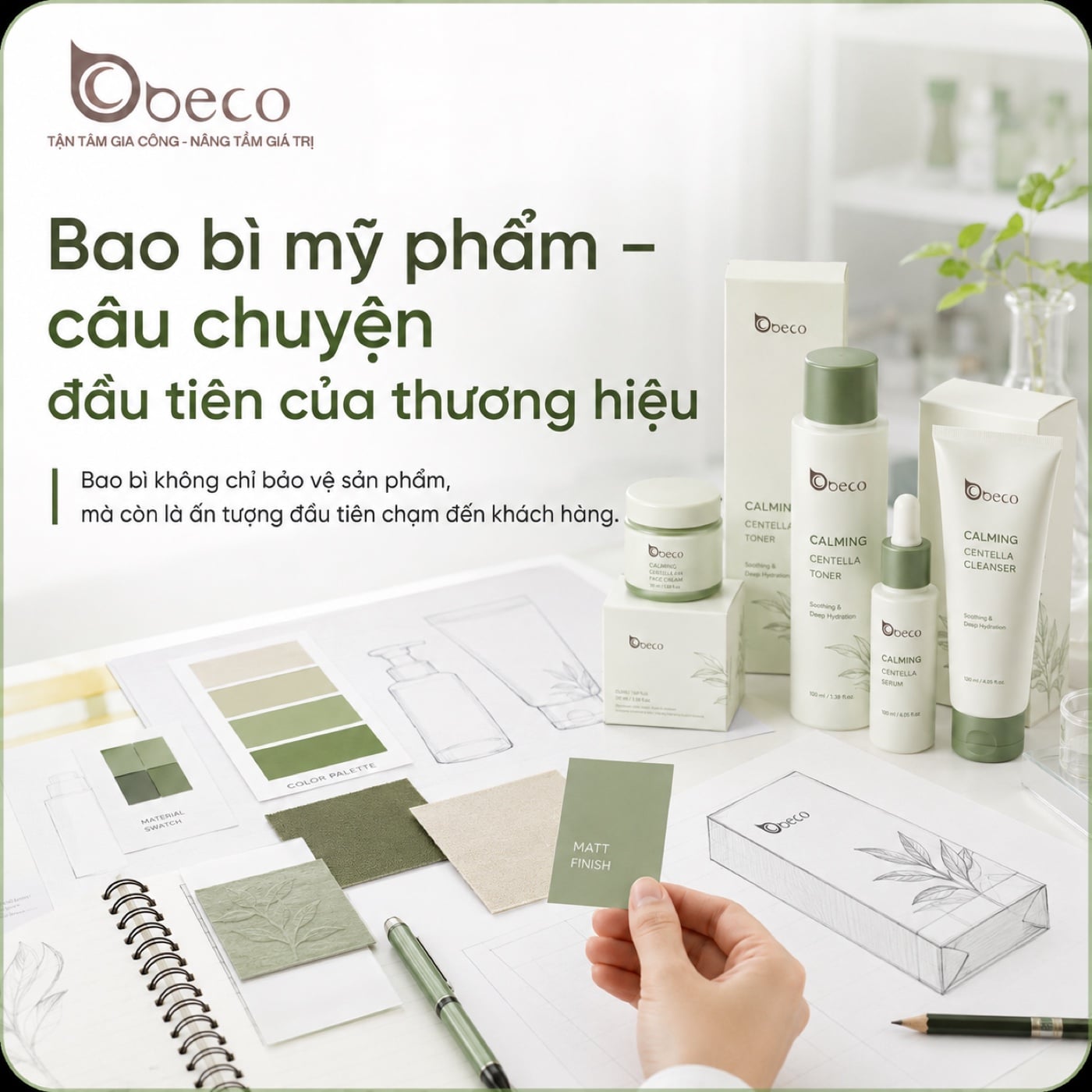 Bộ sản phẩm cùng bảng thiết kế bao bì tại xưởng thiết kế của BECO