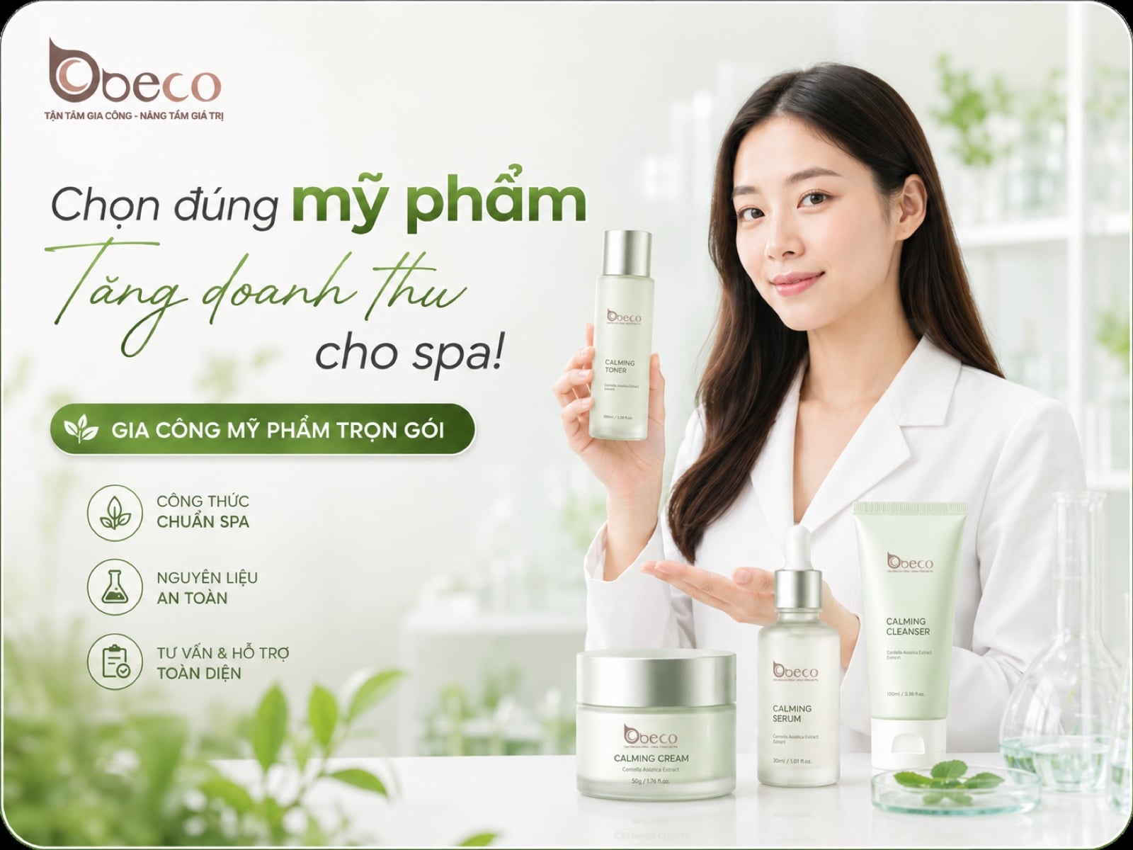 Chuyên viên BECO cùng bộ sản phẩm hoàn thiện — giải pháp gia công toàn diện từ công thức đến bao bì