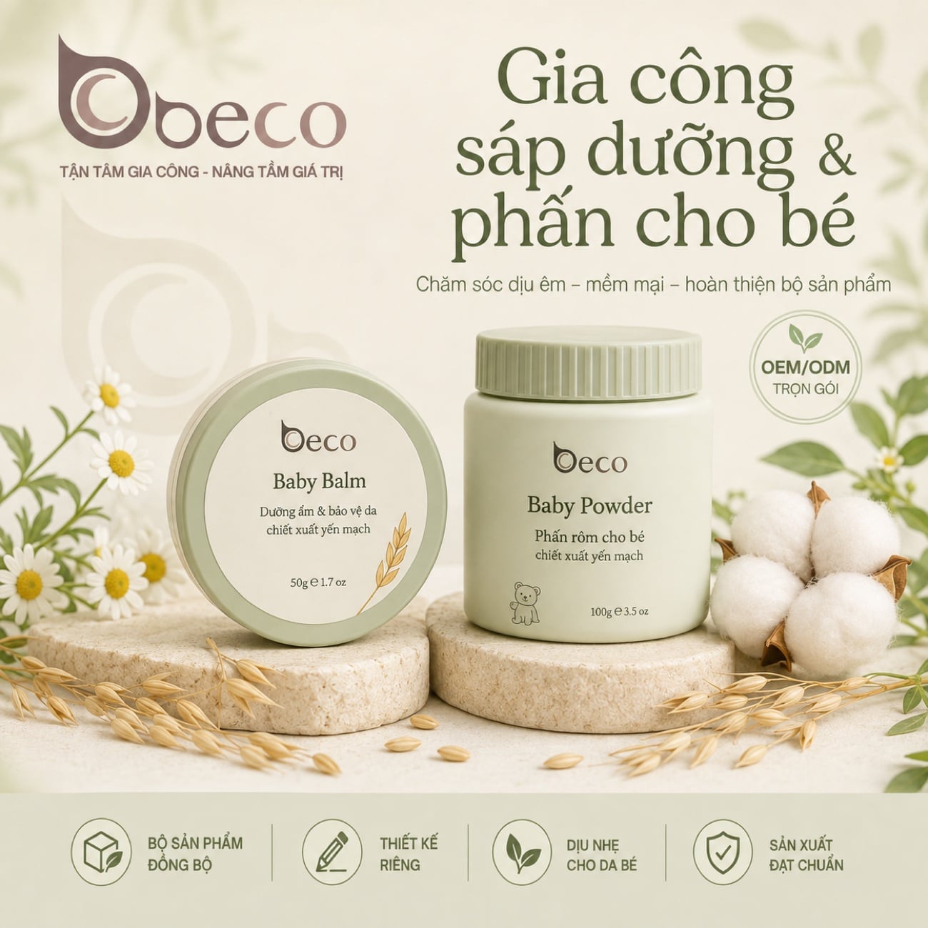 Sáp dưỡng và phấn rôm cho bé do BECO gia công