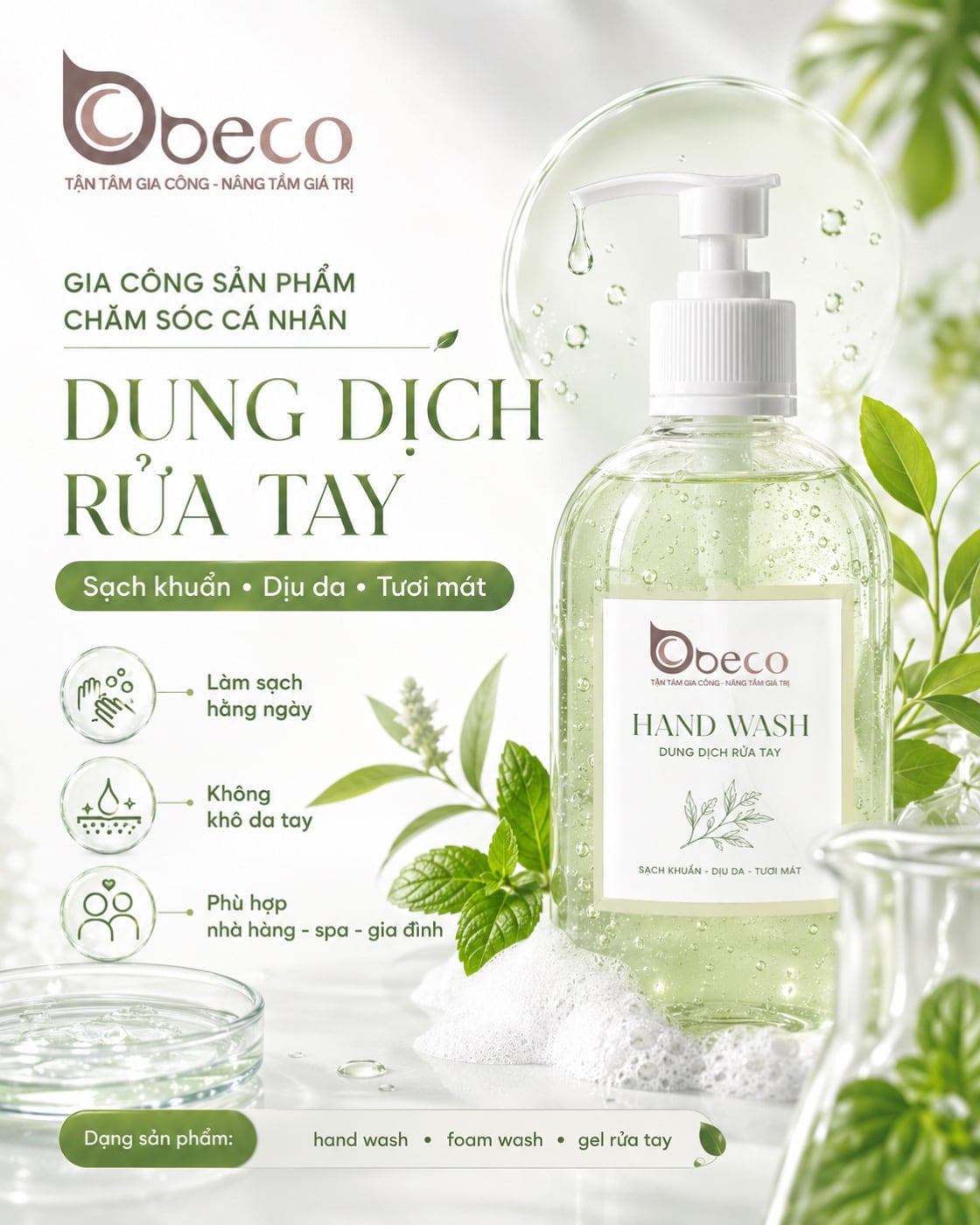 Dung dịch rửa tay do BECO gia công, chai vòi nhấn 500ml