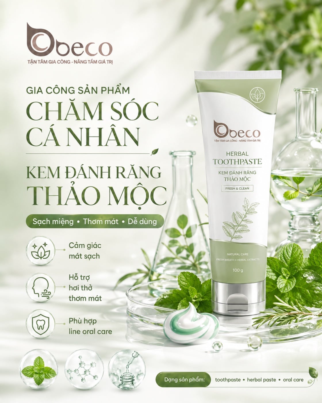 Kem đánh răng thảo mộc Herbal Toothpaste do BECO gia công, tuýp 100g