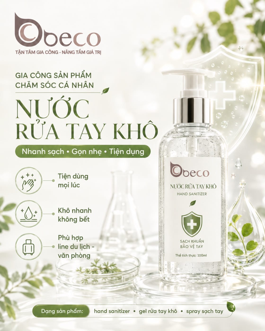 Nước rửa tay khô do BECO gia công, chai vòi nhấn