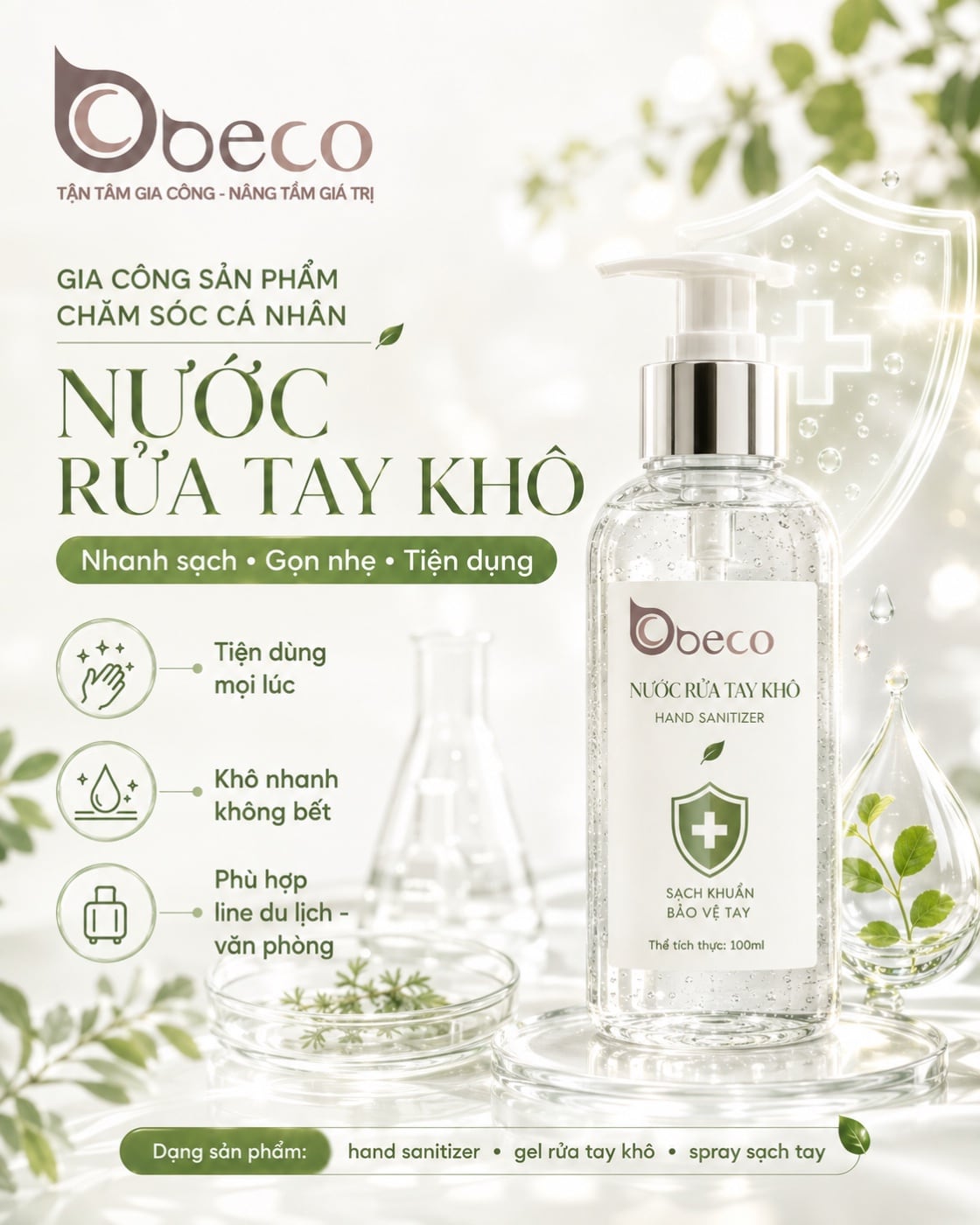 Nước rửa tay khô do BECO gia công, chai vòi nhấn