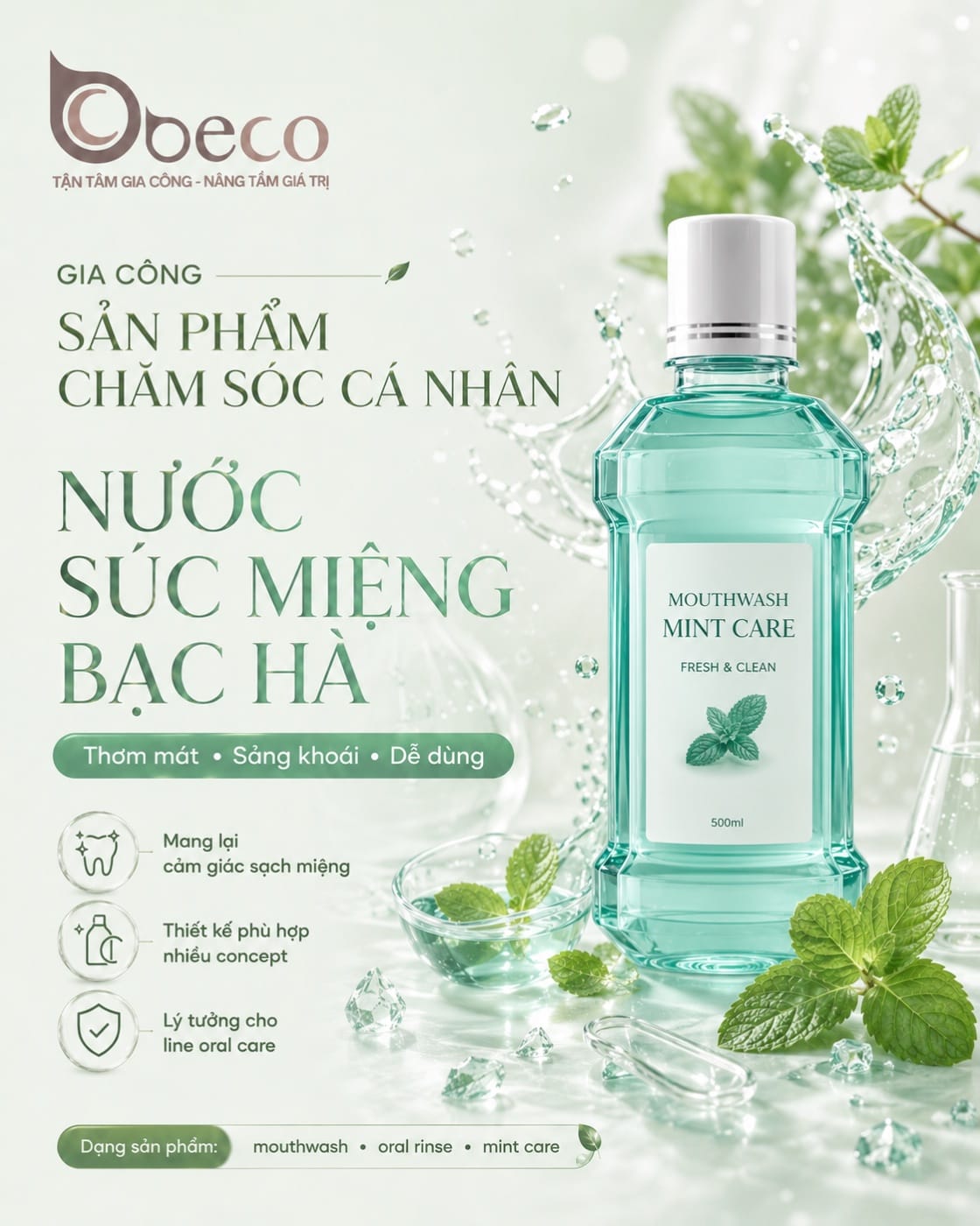 Nước súc miệng Mouthwash Mint Care do BECO gia công, chai 500ml