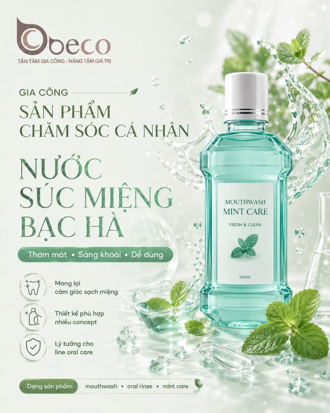 Nước súc miệng Mouthwash Mint Care do BECO gia công, chai 500ml