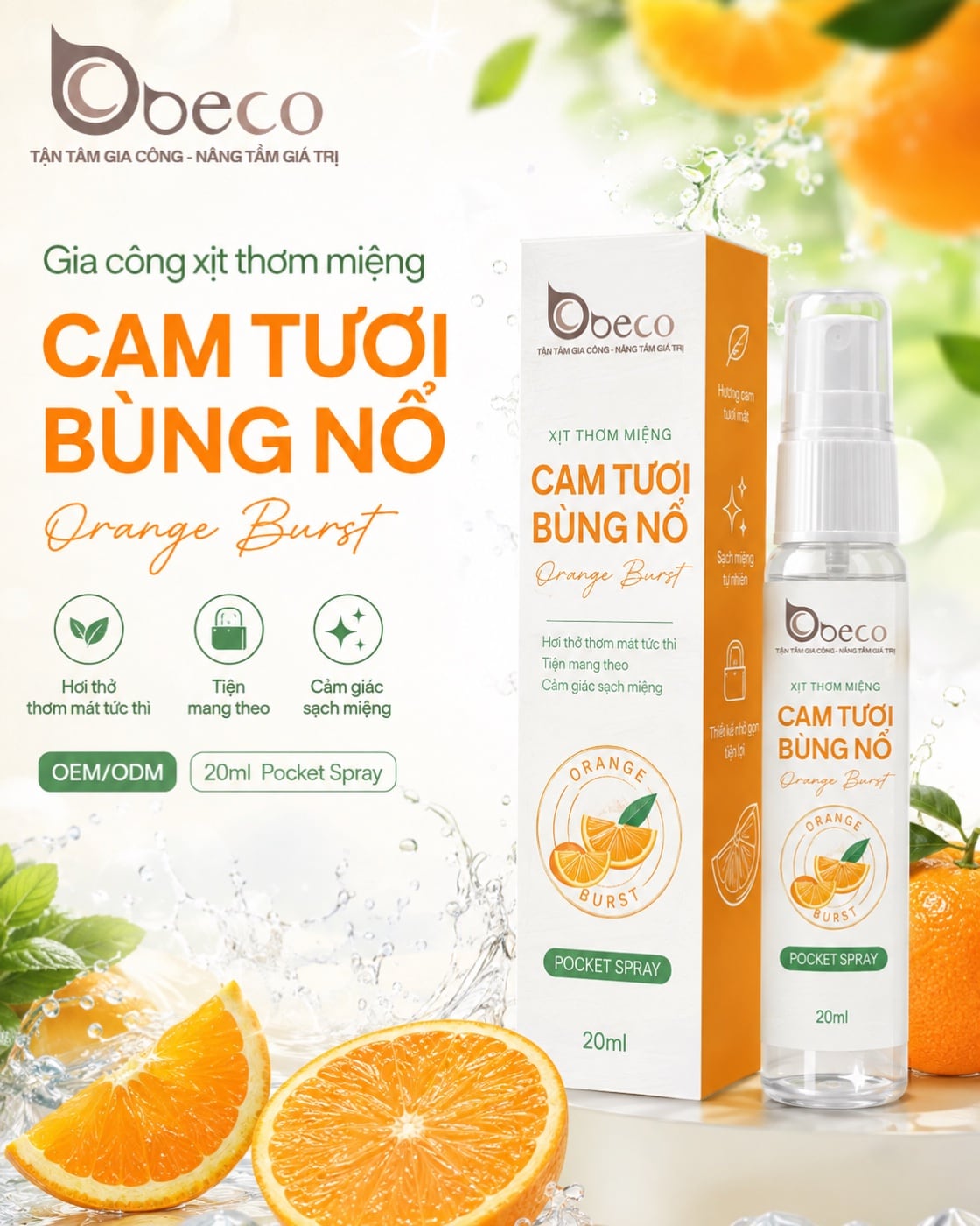 Xịt thơm miệng hương cam tươi do BECO gia công, chai xịt bỏ túi kèm hộp giấy
