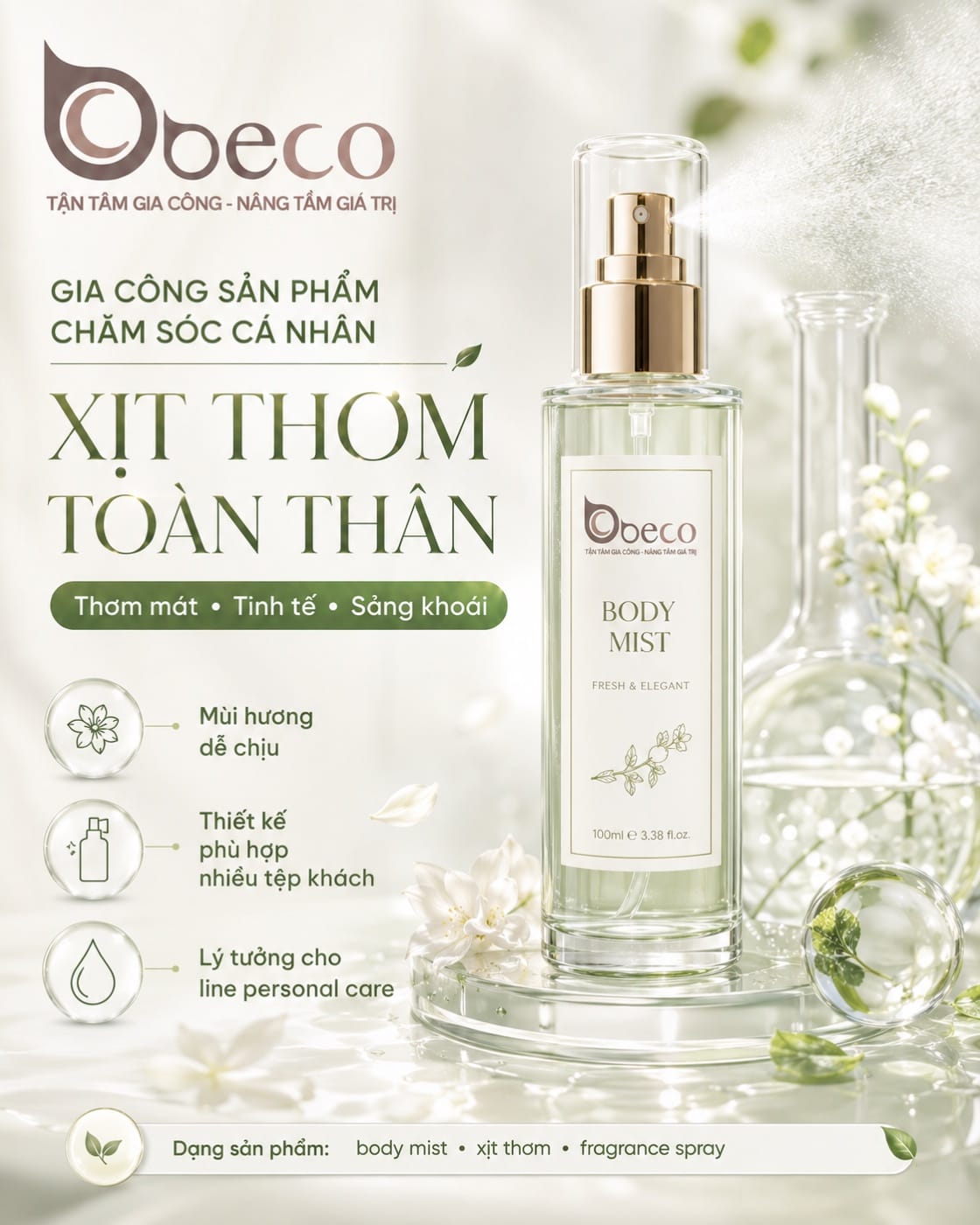 Xịt thơm toàn thân Body Mist do BECO gia công, chai xịt thuỷ tinh