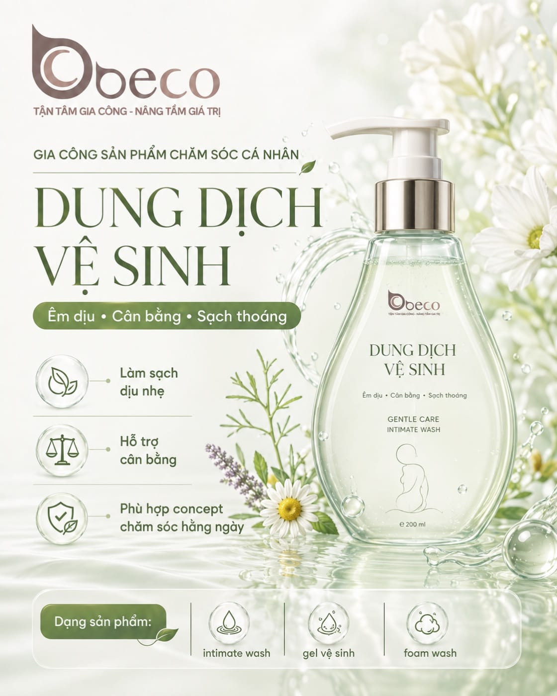 Dung dịch vệ sinh phụ nữ do BECO gia công, chai vòi nhấn