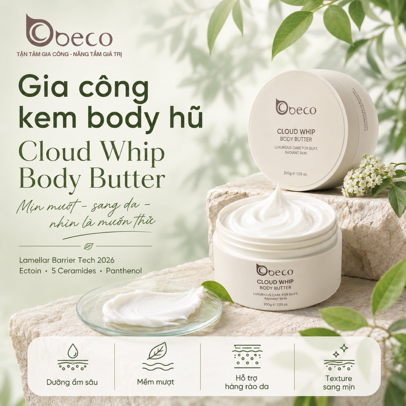 Kem body hũ Cloud Whip Body Butter do BECO gia công, hũ 200g