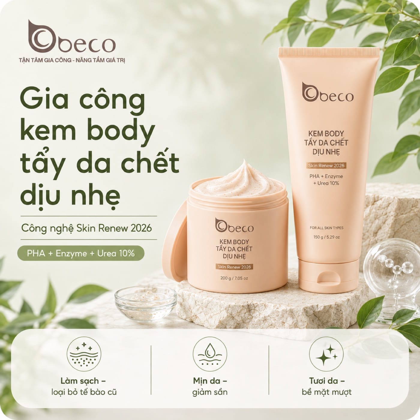 Kem body tẩy da chết dịu nhẹ do BECO gia công, tuýp và hũ