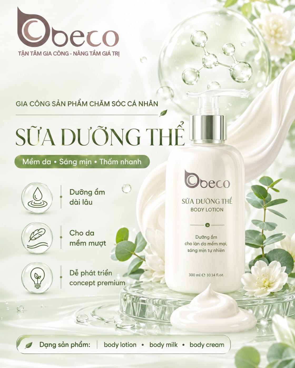 Sữa dưỡng thể do BECO gia công, chai vòi nhấn