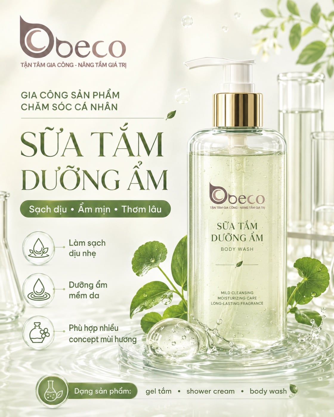 Sữa tắm dưỡng ẩm do BECO gia công, chai vòi nhấn