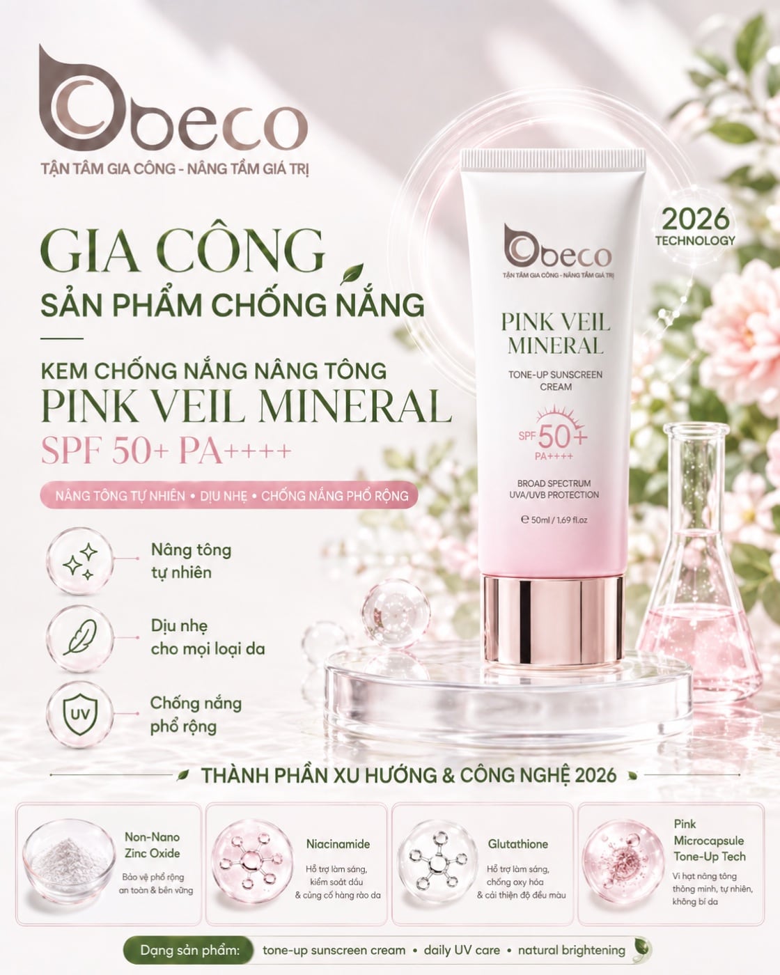 Kem chống nắng nâng tông Pink Veil Mineral của BECO