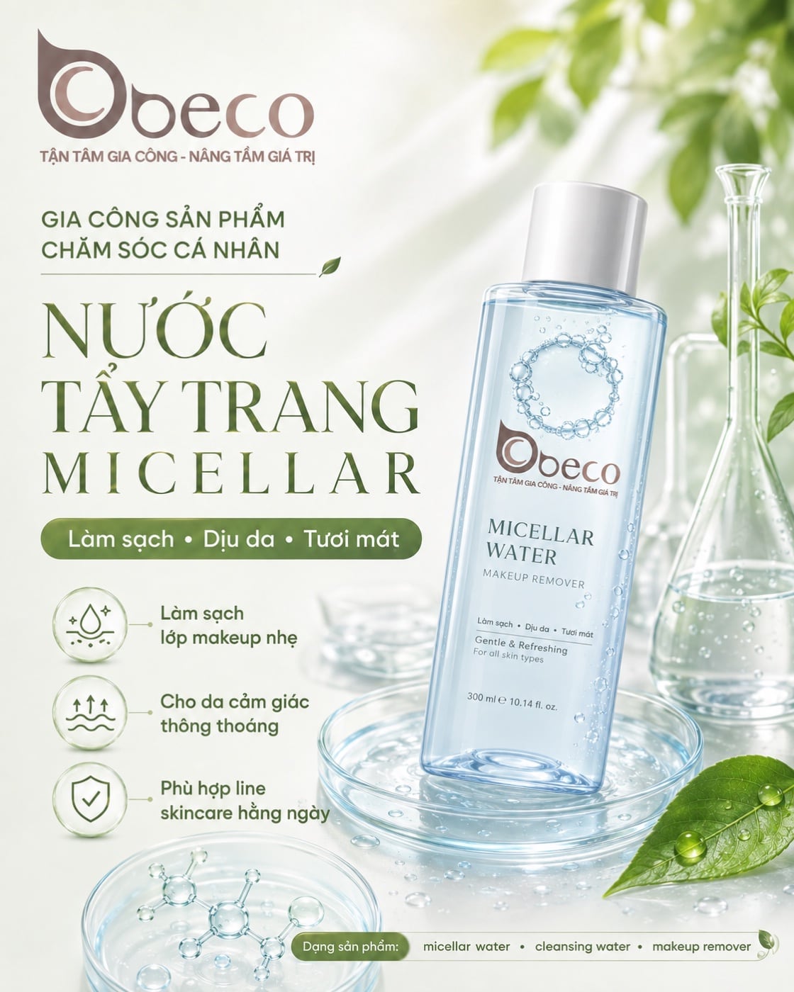 Nước tẩy trang micellar do BECO gia công, chai 300ml