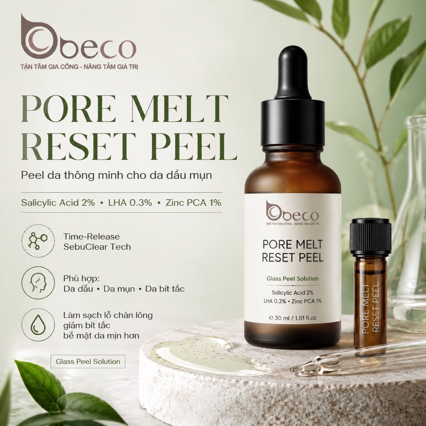 Serum peel Pore Melt Reset Peel do BECO gia công, chai nhỏ giọt tối màu