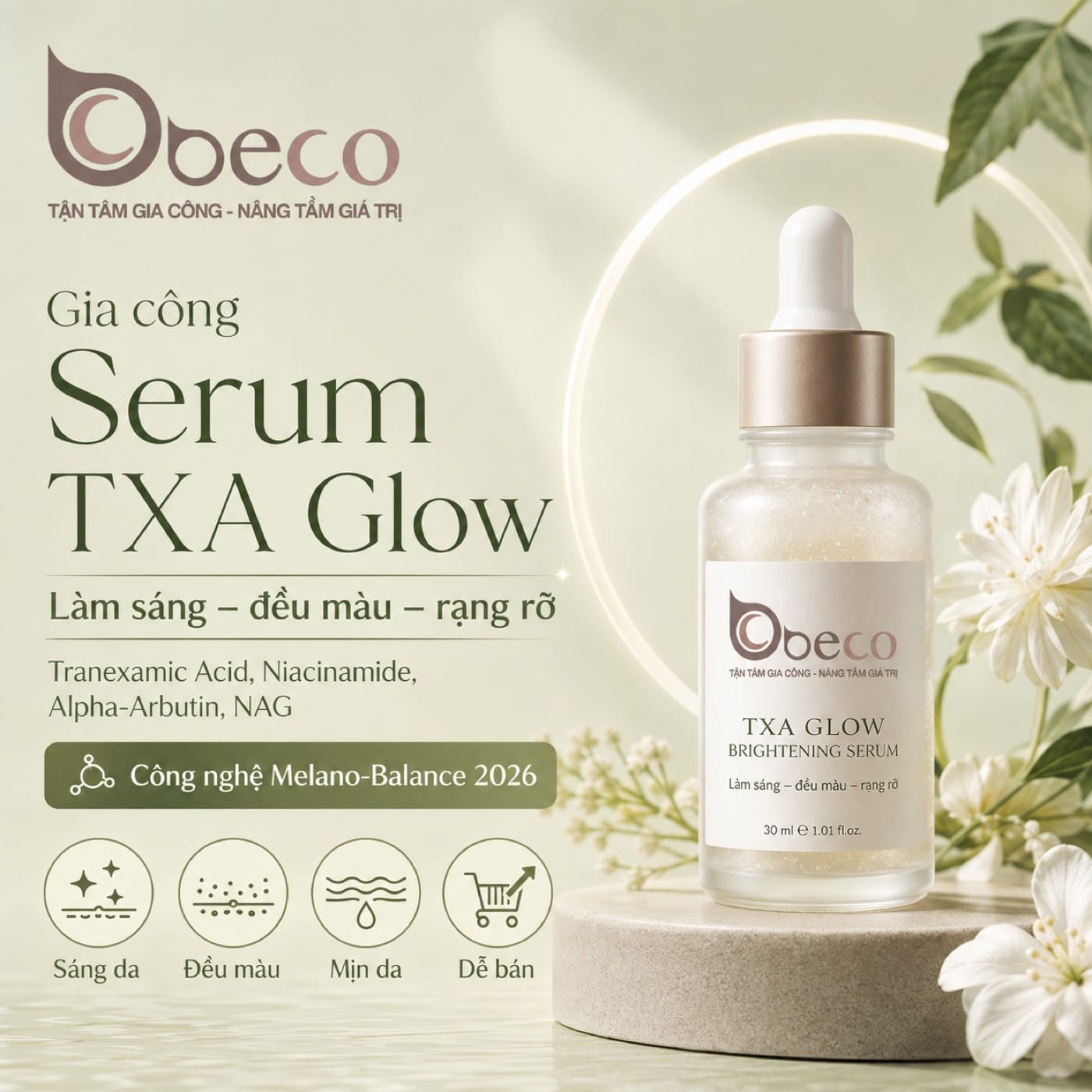 Serum TXA Glow do BECO gia công, chai nhỏ giọt 30ml