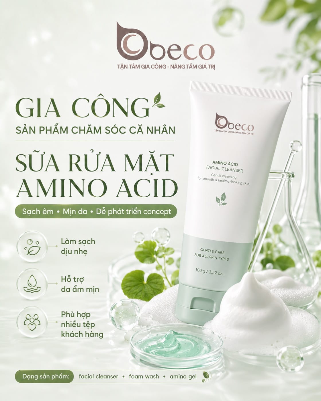 Sữa rửa mặt Amino Acid Facial Cleanser do BECO gia công, tuýp 100ml