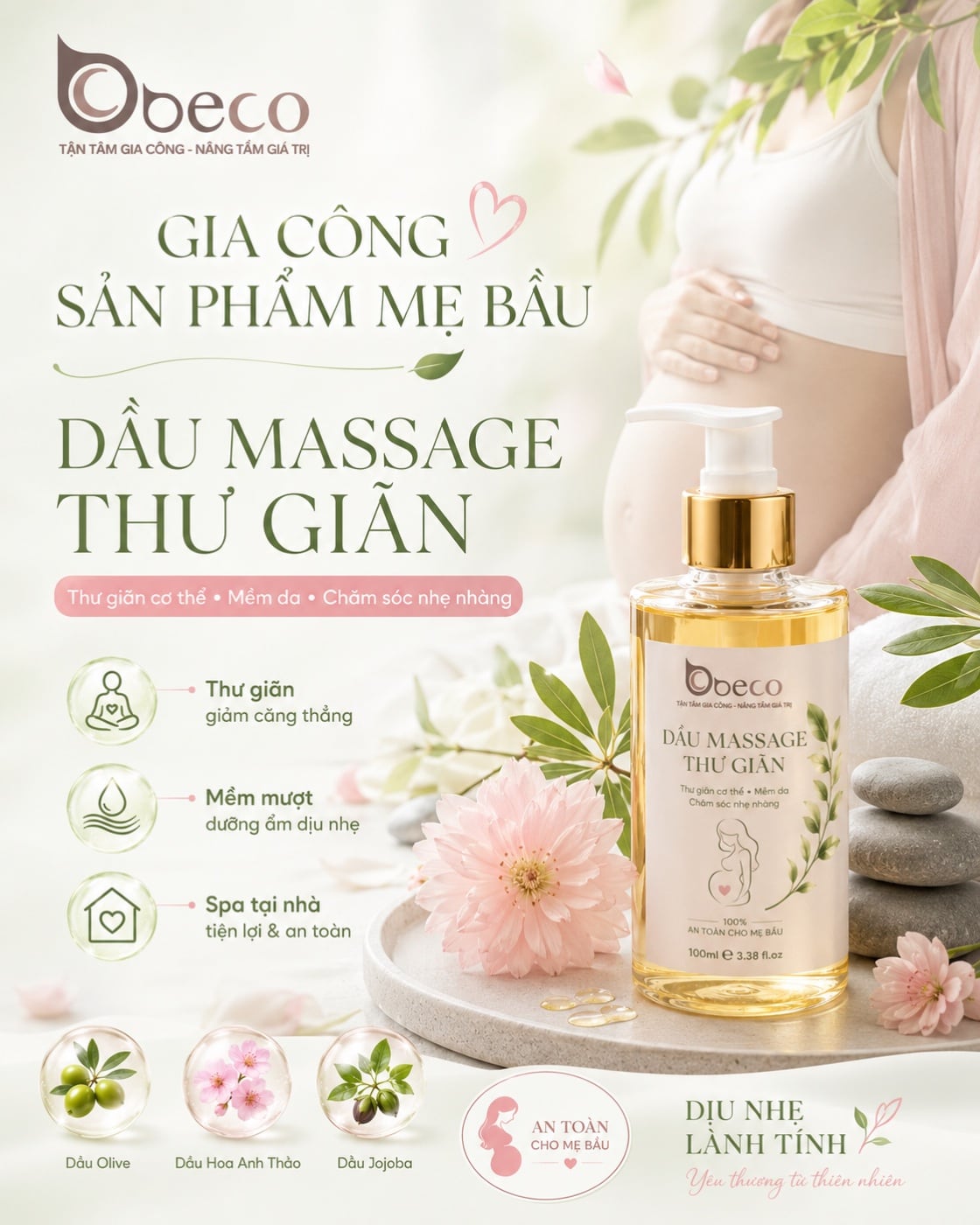 Dầu massage thư giãn cho mẹ bầu do BECO gia công, chai vòi nhấn nắp vàng