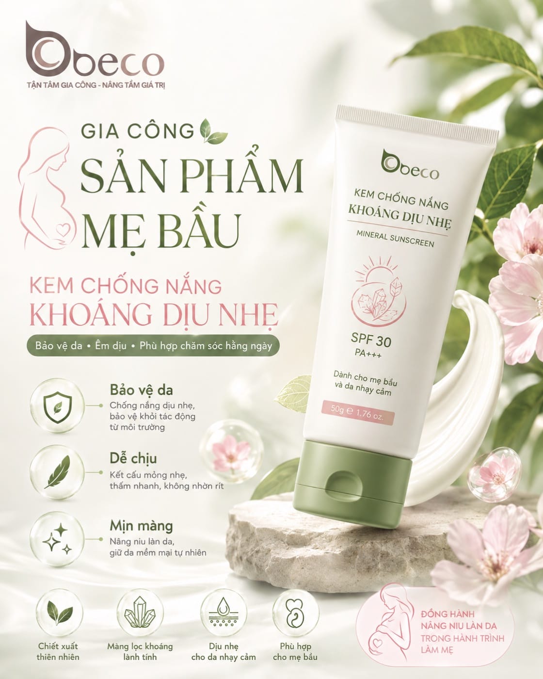 Kem chống nắng khoáng dịu nhẹ SPF 30 PA+++ cho mẹ bầu do BECO gia công, tuýp 50ml
