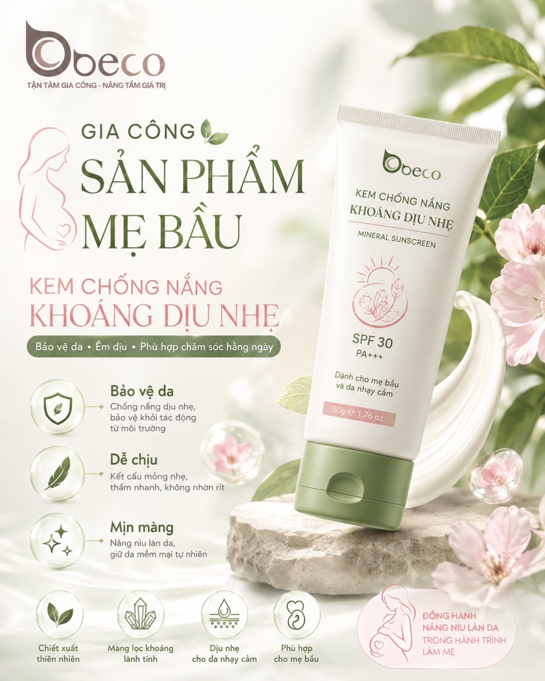 Kem chống nắng khoáng dịu nhẹ SPF 30 PA+++ cho mẹ bầu do BECO gia công, tuýp 50ml