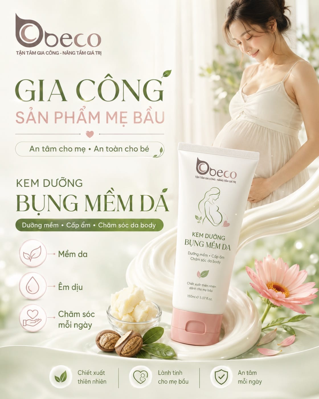 Kem dưỡng bụng mềm da cho mẹ bầu do BECO gia công, tuýp 150g