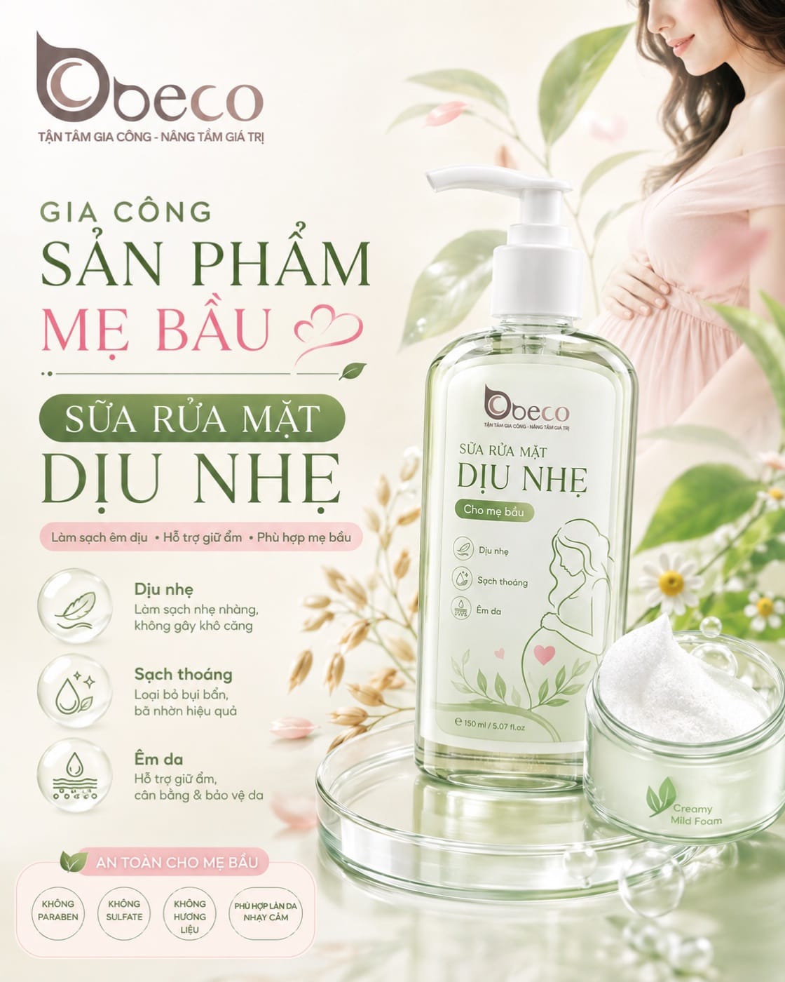 Sữa rửa mặt dịu nhẹ cho mẹ bầu do BECO gia công, chai vòi nhấn 150ml