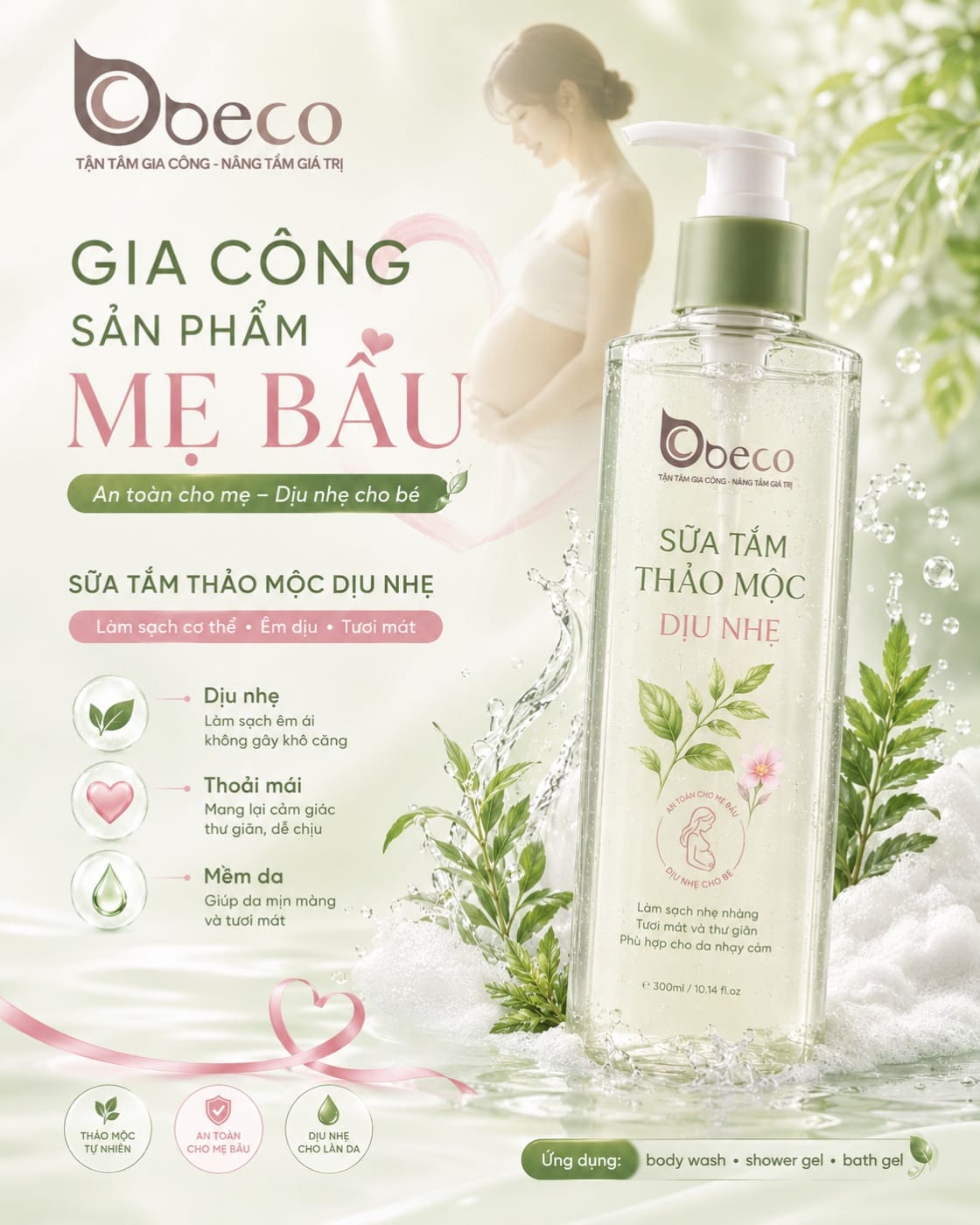 Sữa tắm thảo mộc dịu nhẹ cho mẹ bầu do BECO gia công, chai vòi nhấn