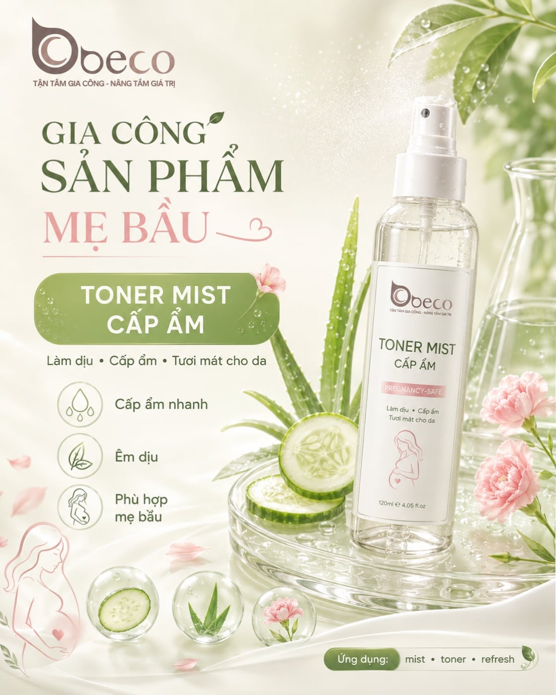 Toner mist cấp ẩm cho mẹ bầu do BECO gia công, chai xịt 150ml