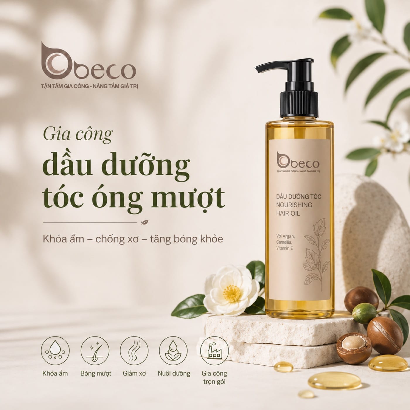 Dầu dưỡng tóc óng mượt Nourishing Hair Oil do BECO gia công, chai vòi nhấn