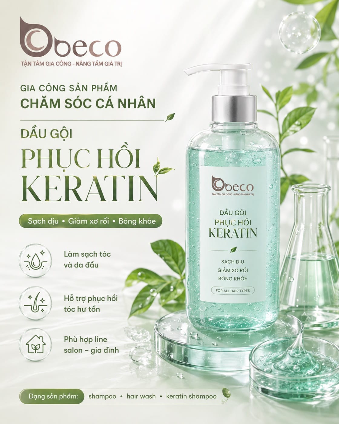 Dầu gội phục hồi keratin do BECO gia công, chai vòi nhấn 500ml