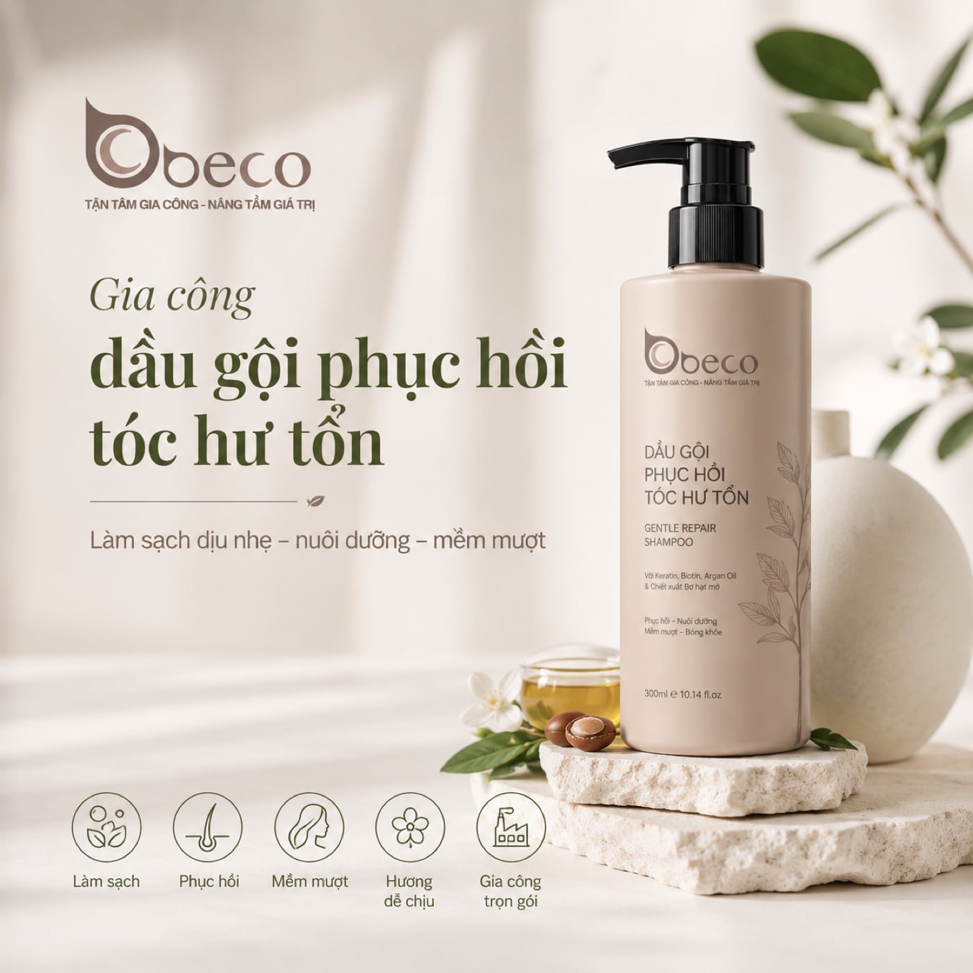 Dầu gội phục hồi tóc hư tổn do BECO gia công, chai vòi nhấn tông be
