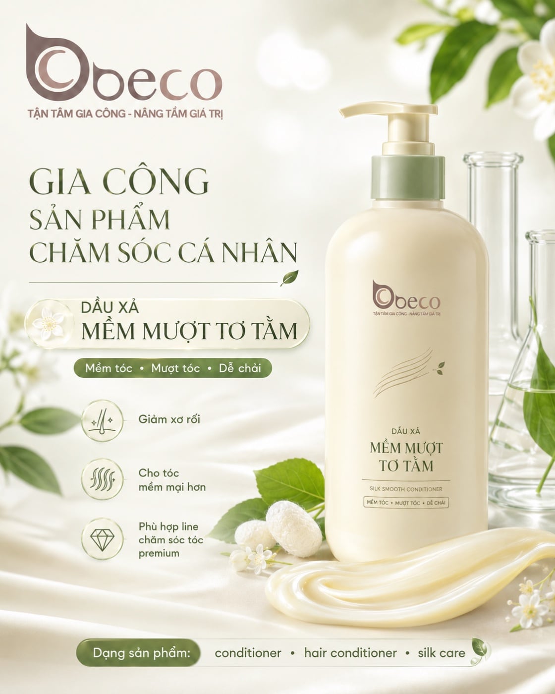 Dầu xả mềm mượt tơ tằm do BECO gia công, chai vòi nhấn
