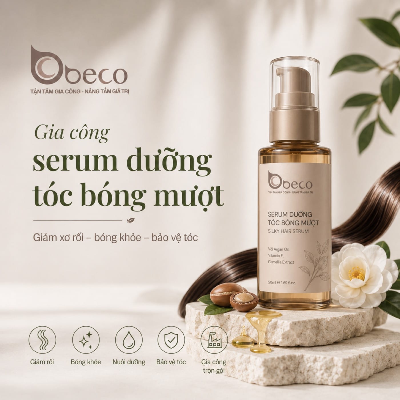 Serum dưỡng tóc bóng mượt do BECO gia công, chai vòi nhấn 100ml