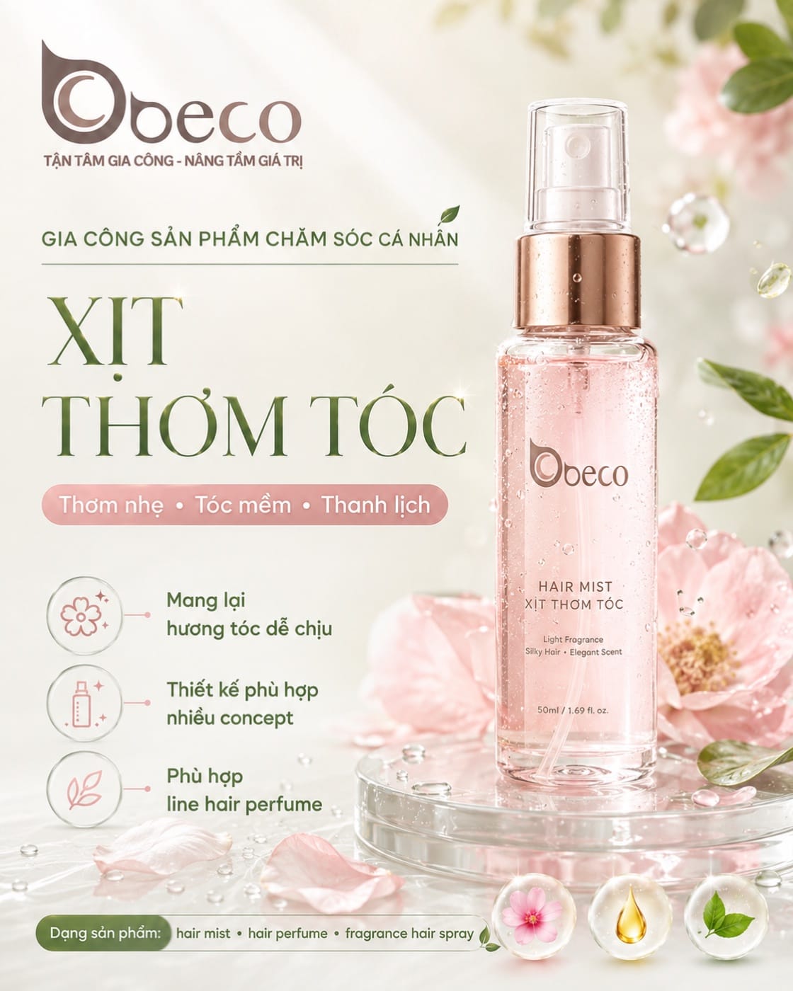 Xịt thơm tóc Hair Mist do BECO gia công, chai xịt 50ml