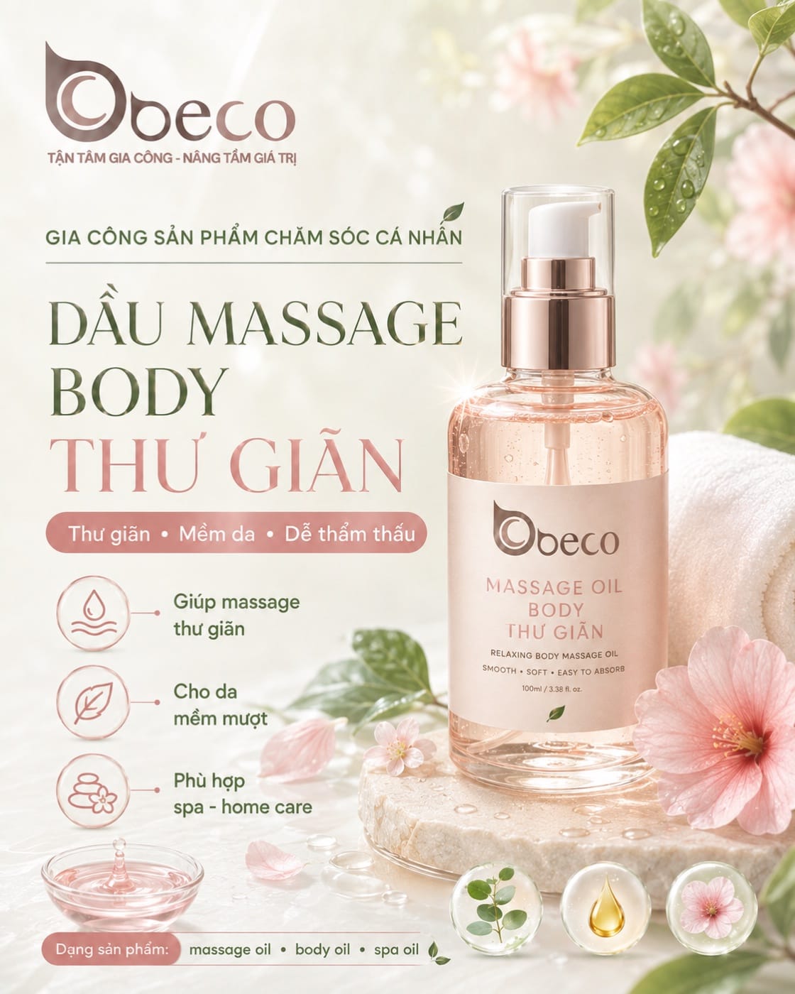 Dầu massage body thư giãn do BECO gia công, chai vòi nhấn