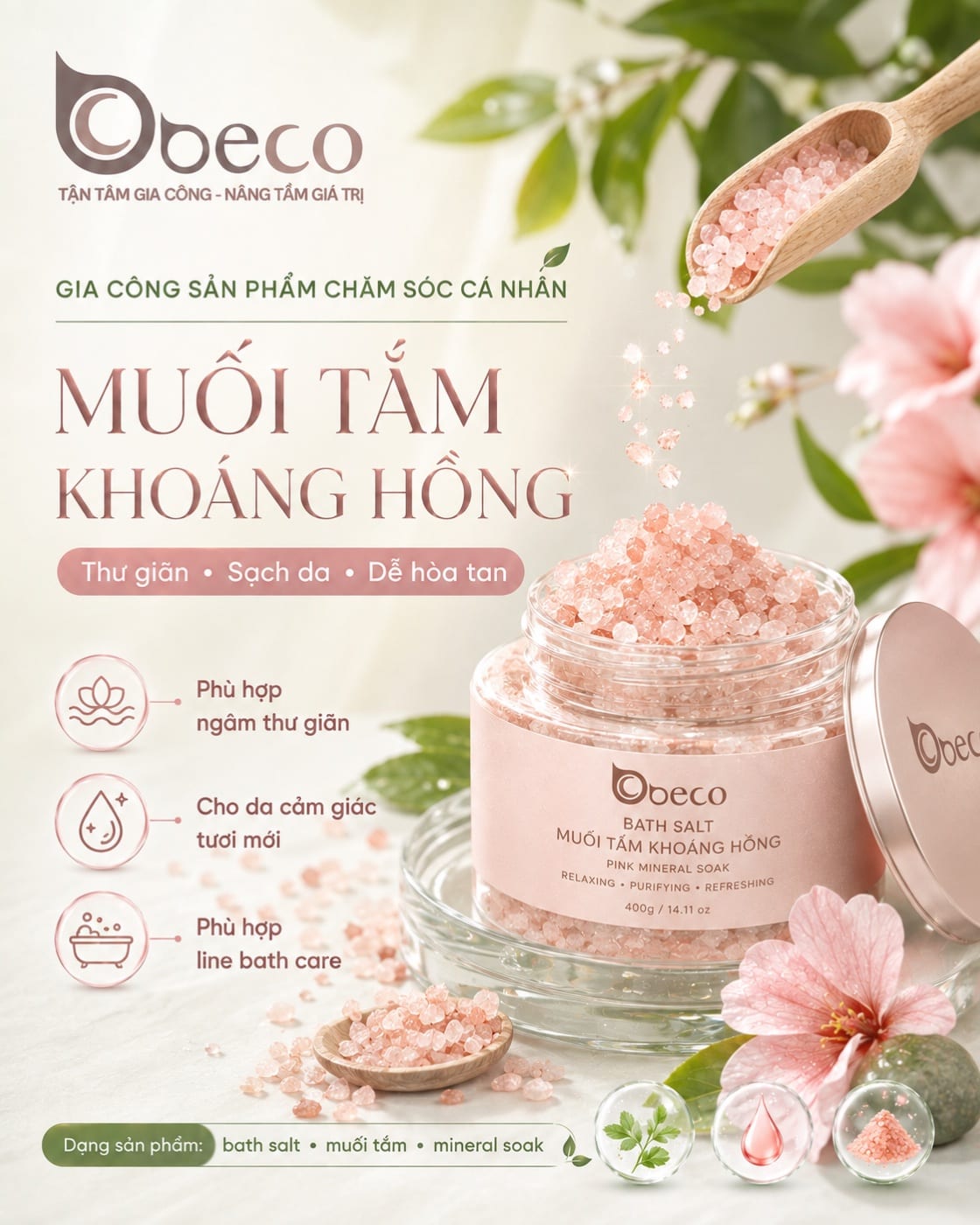 Muối tắm khoáng hồng do BECO gia công