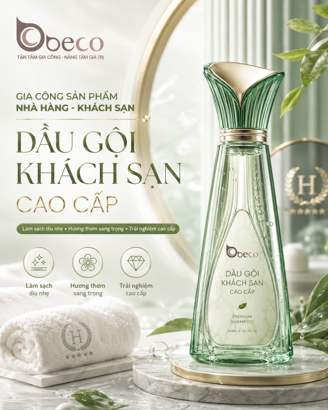 Dầu gội khách sạn cao cấp do BECO gia công, chai mini buồng phòng