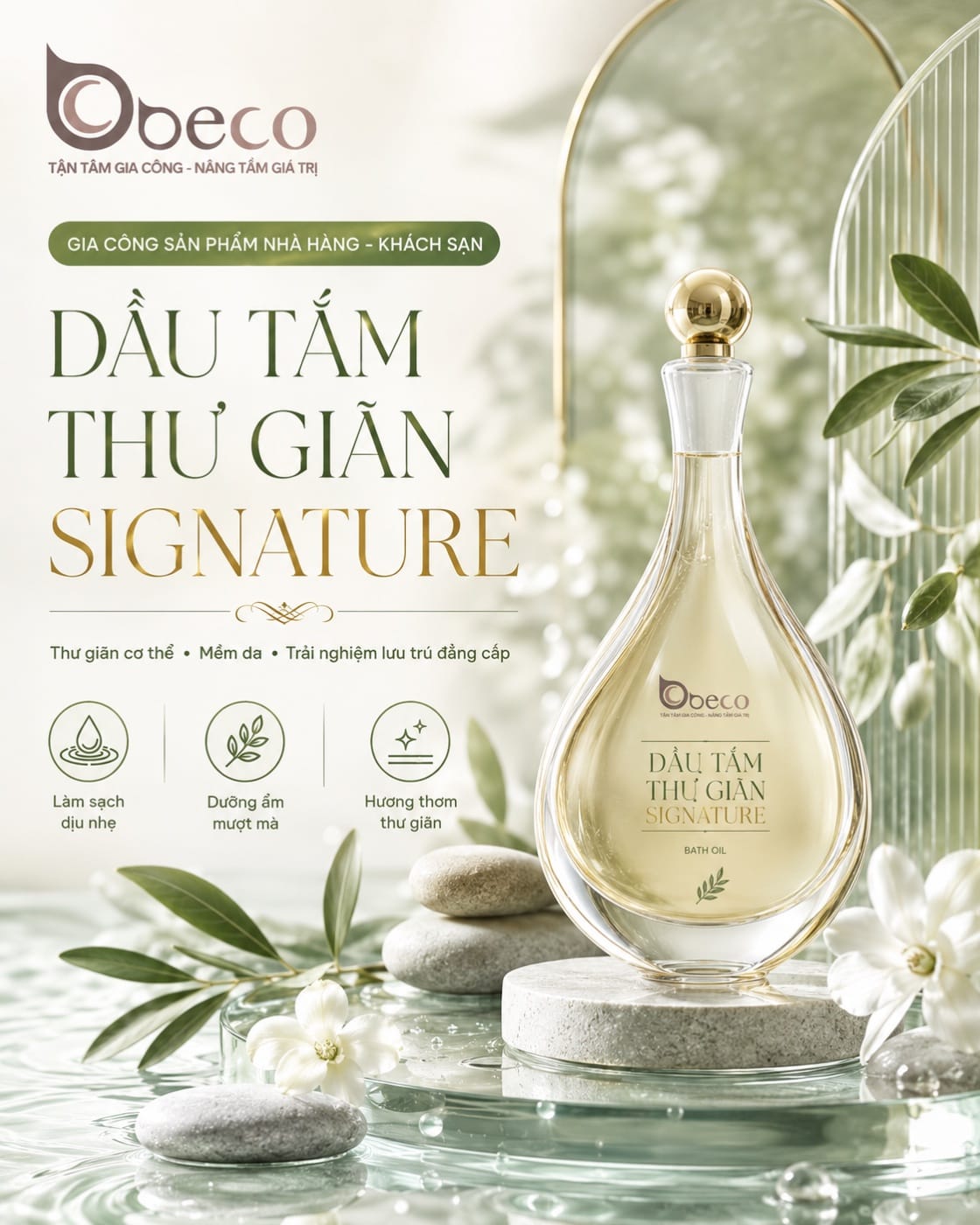 Dầu tắm thư giãn Signature do BECO gia công, chai thuỷ tinh cao cấp
