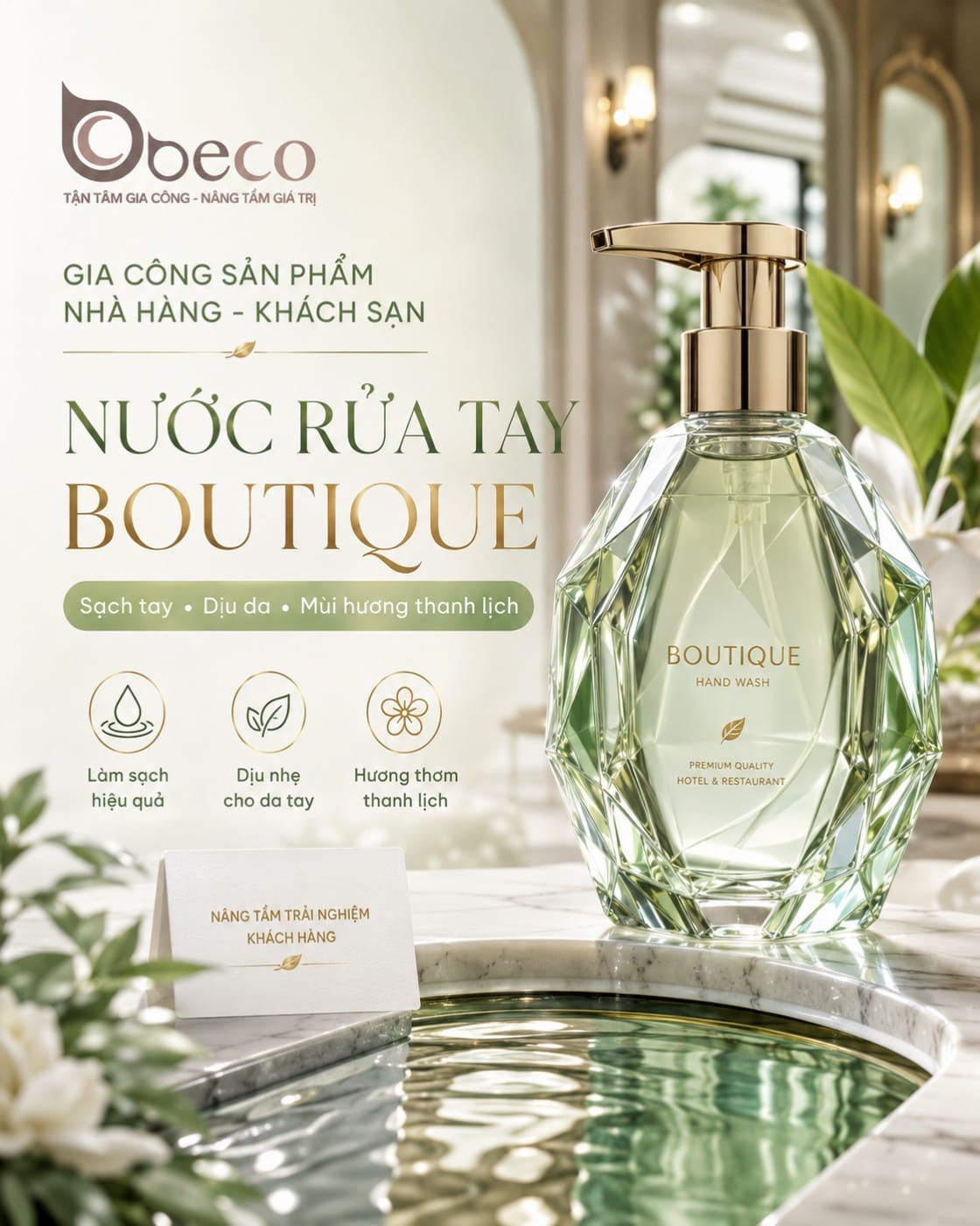 Nước rửa tay Boutique do BECO gia công, chai thuỷ tinh đặt lavabo