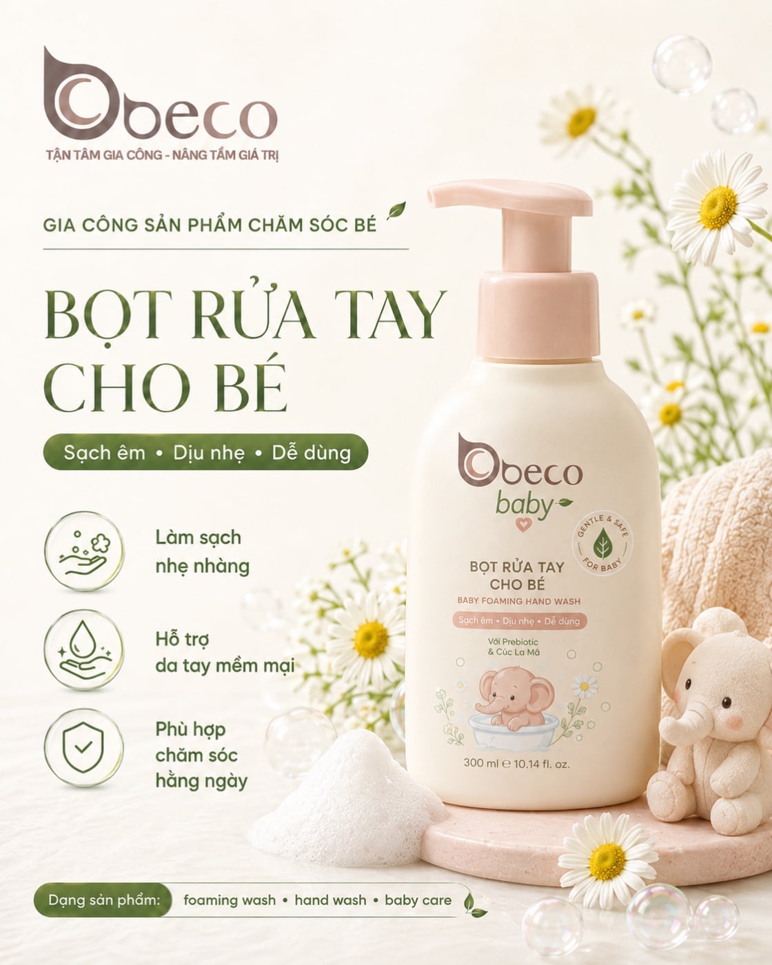 Bọt rửa tay cho bé do BECO gia công, chai bơm tạo bọt tông hồng phấn
