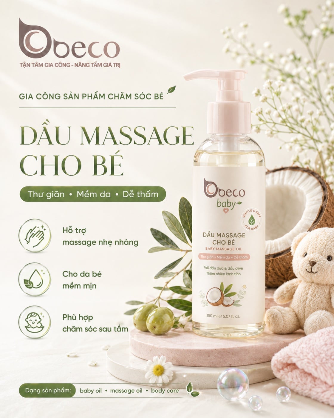 Dầu massage cho bé do BECO gia công, chai vòi nhấn kèm quả dừa tươi