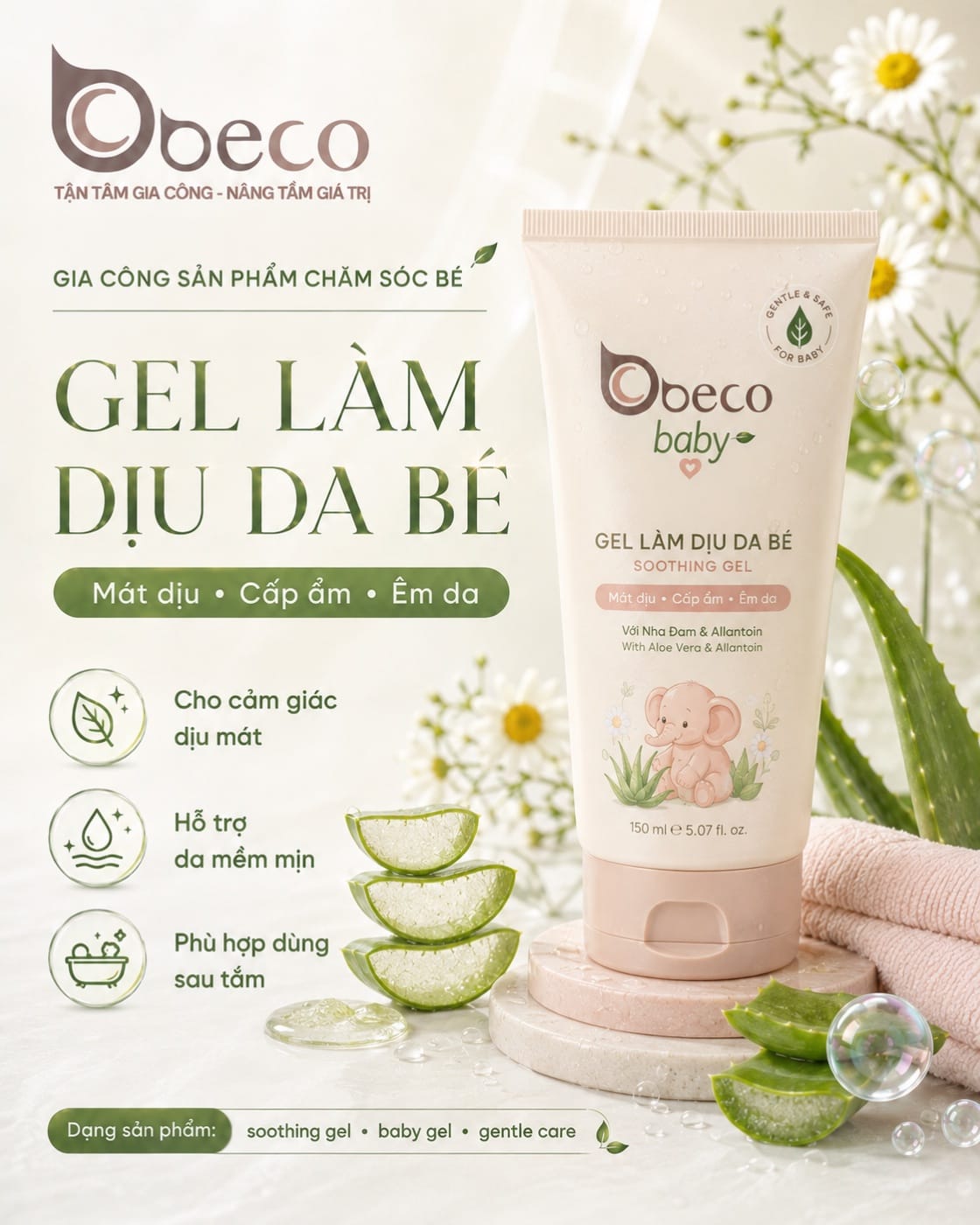 Gel làm dịu da bé Soothing Gel do BECO gia công, tuýp 100ml