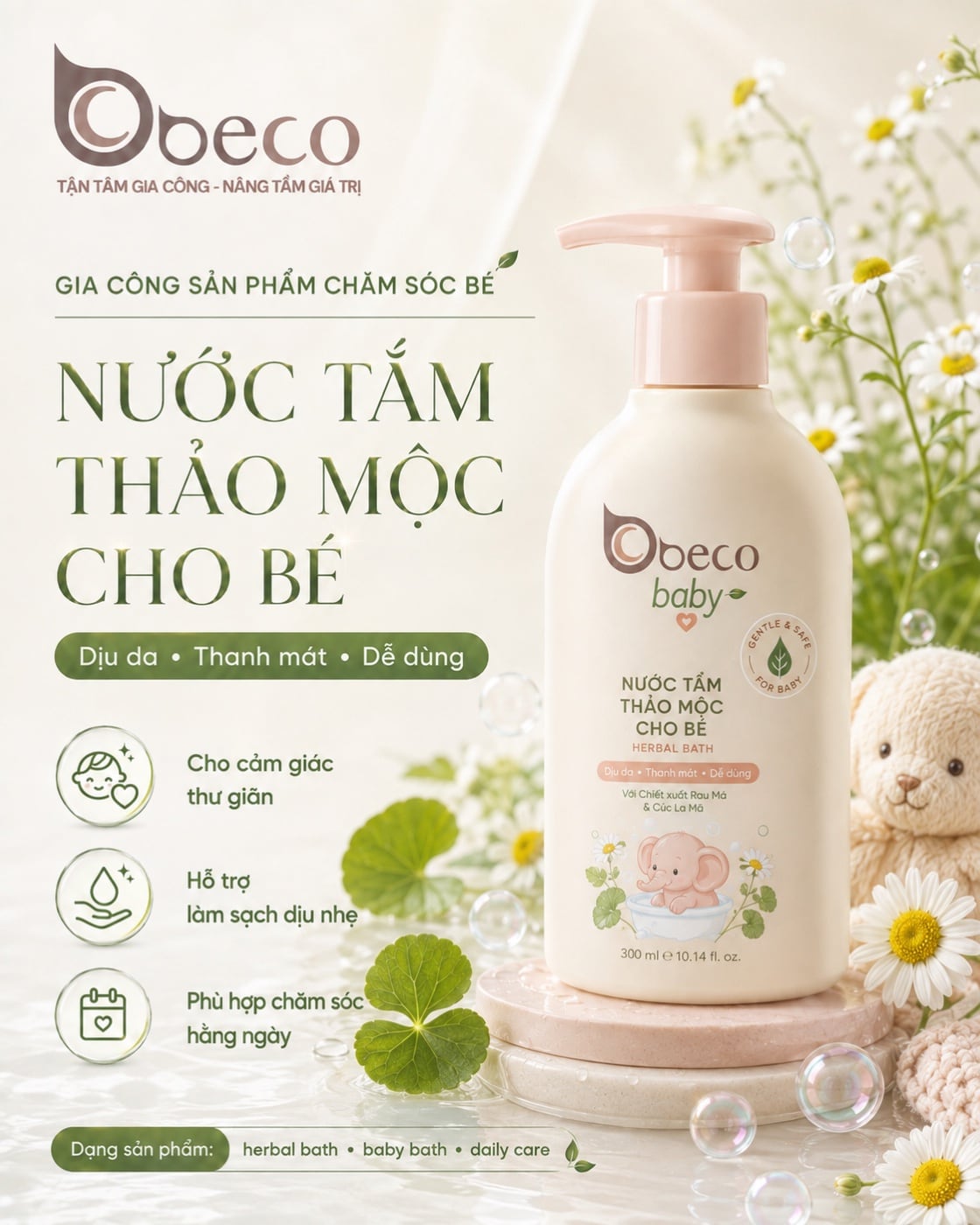 Nước tắm thảo mộc cho bé do BECO gia công, chai vòi nhấn tông kem
