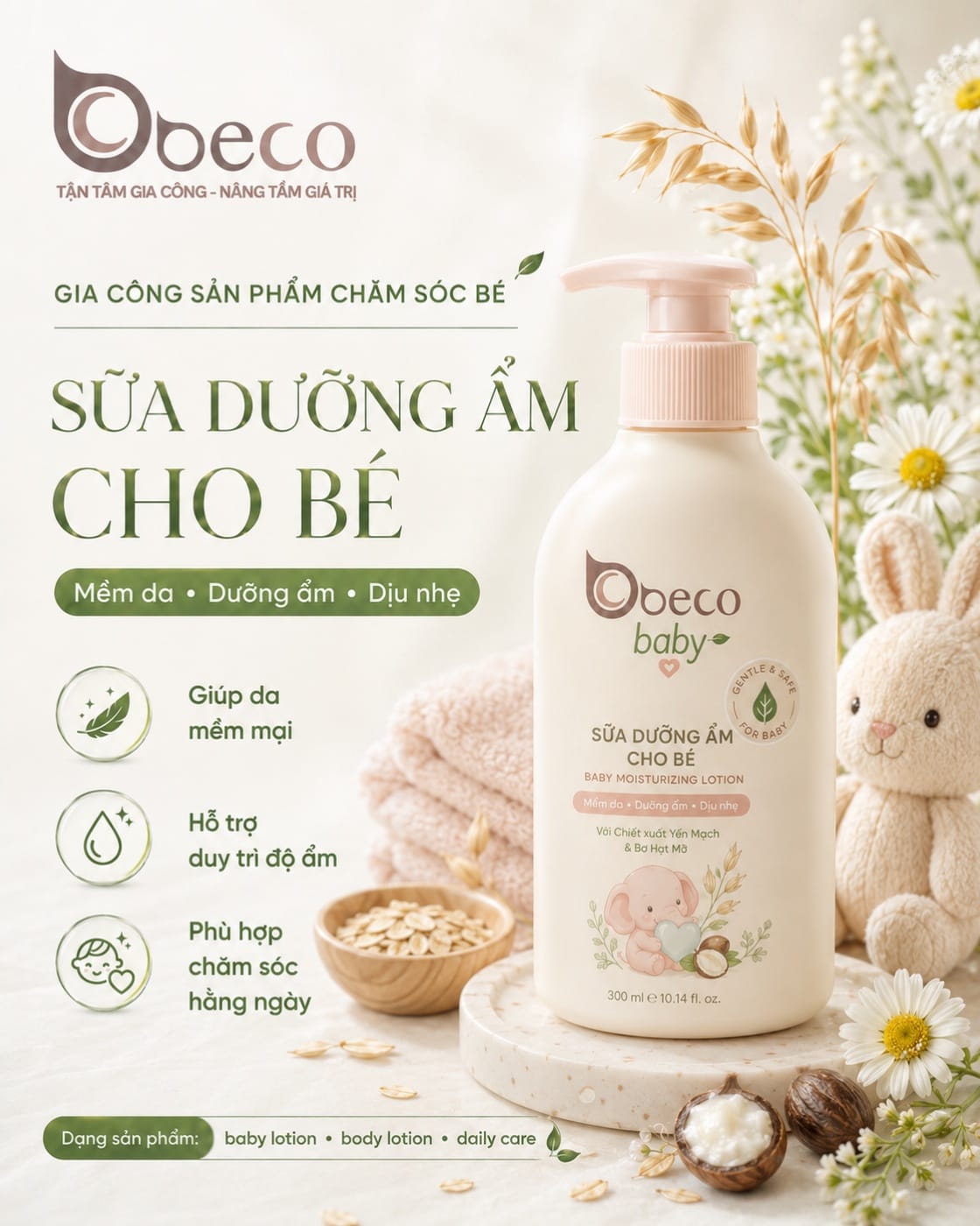 Sữa dưỡng ẩm cho bé do BECO gia công, chai vòi nhấn tông kem