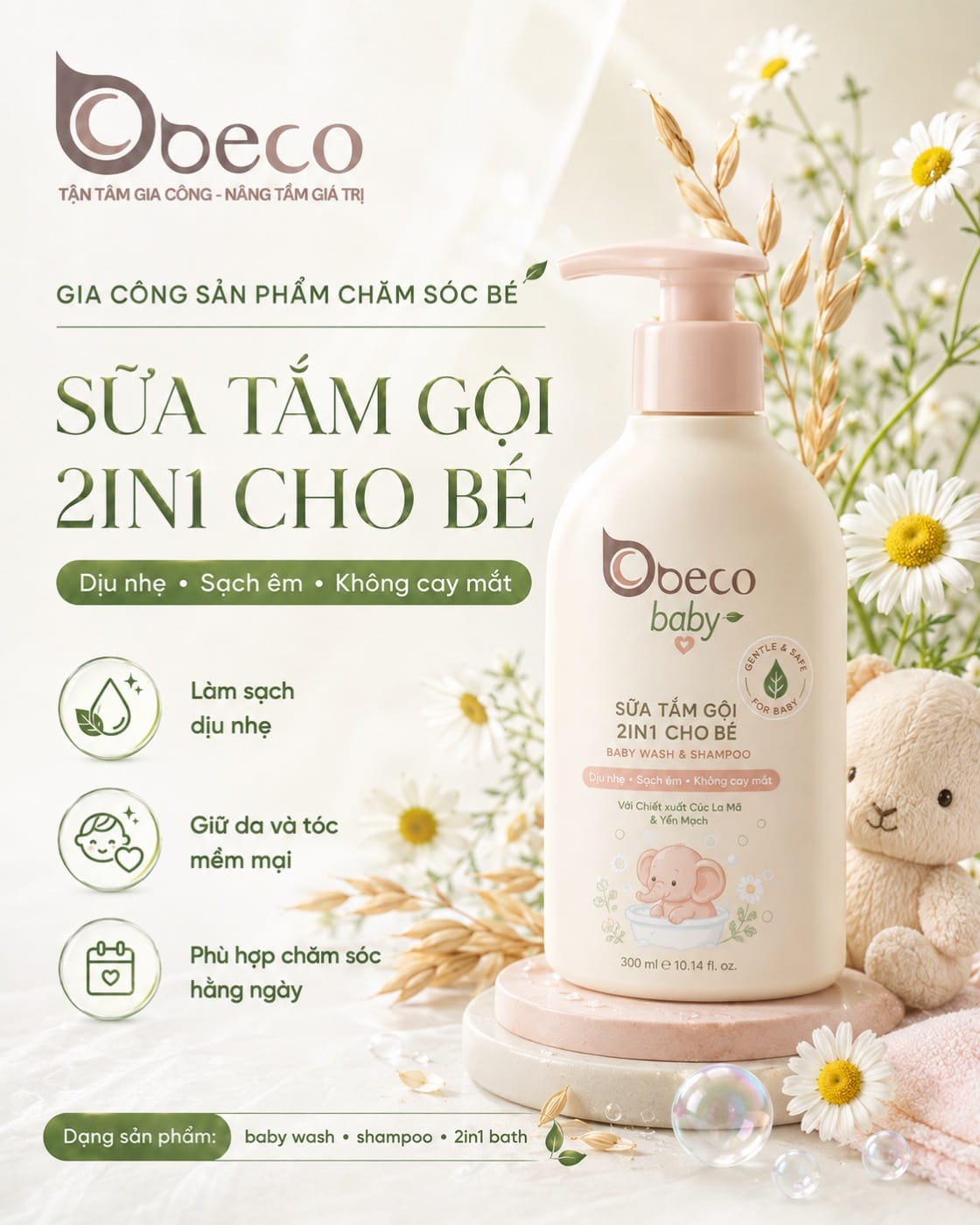Sữa tắm gội 2in1 cho bé do BECO gia công, chai vòi nhấn tông hồng phấn