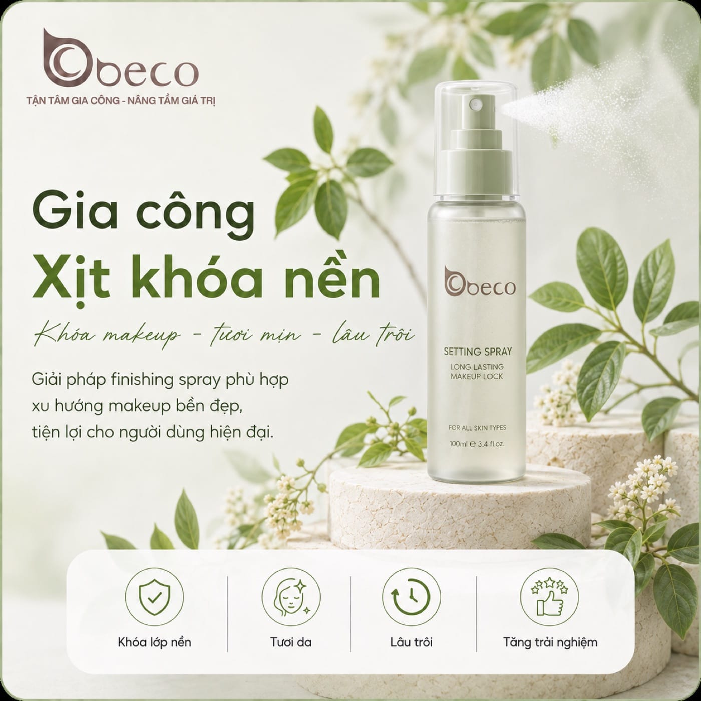 Xịt khoá nền Setting Spray do BECO gia công, chai xịt 100ml