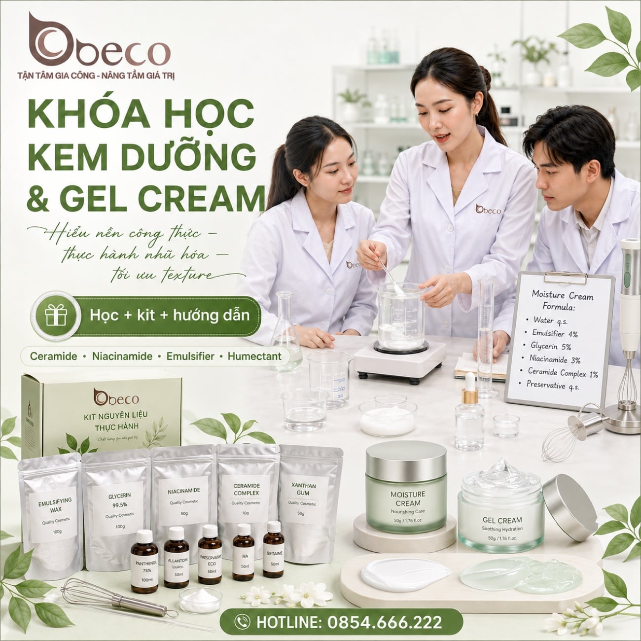 Bộ kit nguyên liệu và thành phẩm khoá học kem dưỡng và gel cream tại BECO