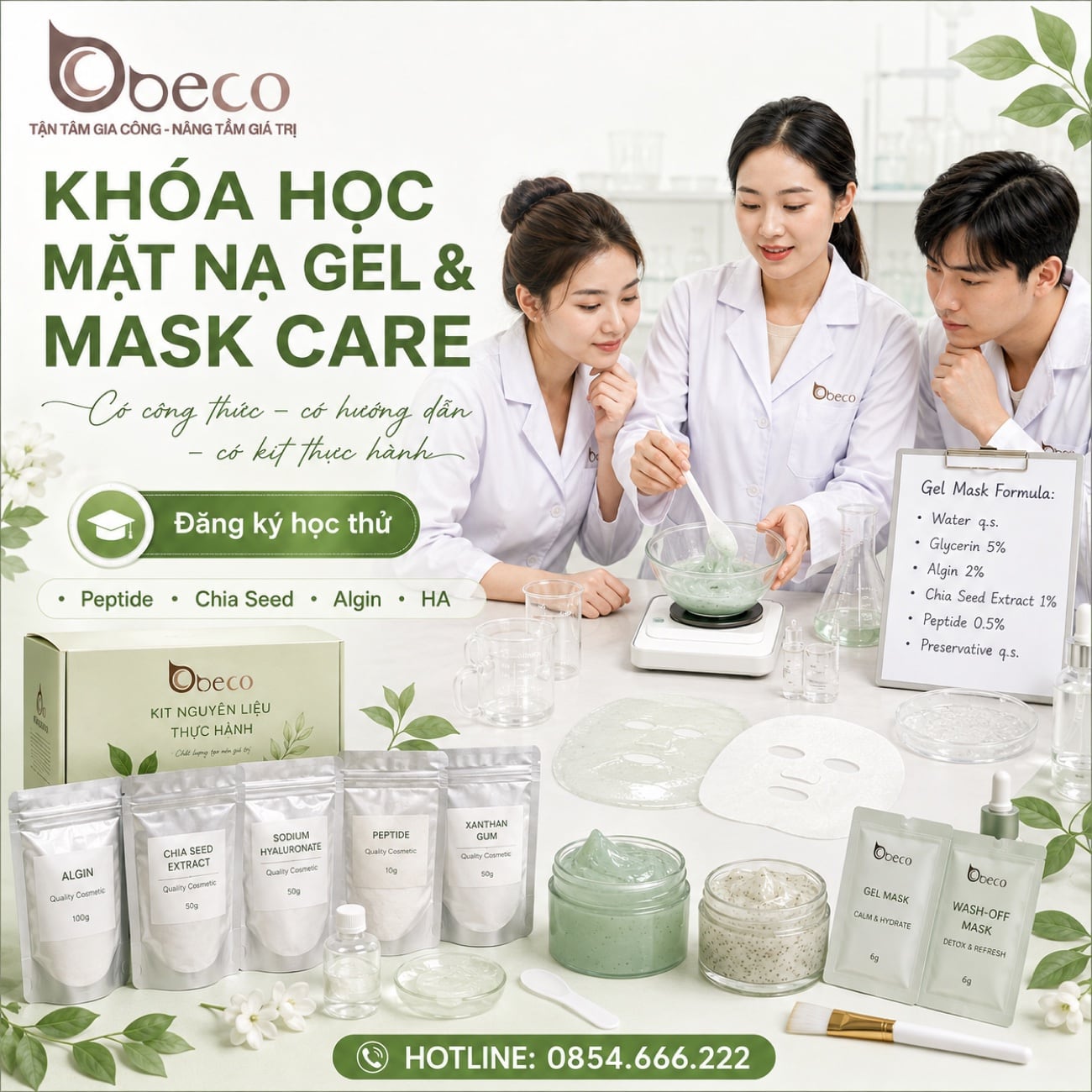 Bộ kit nguyên liệu và thành phẩm khoá học mặt nạ gel và mask care tại BECO