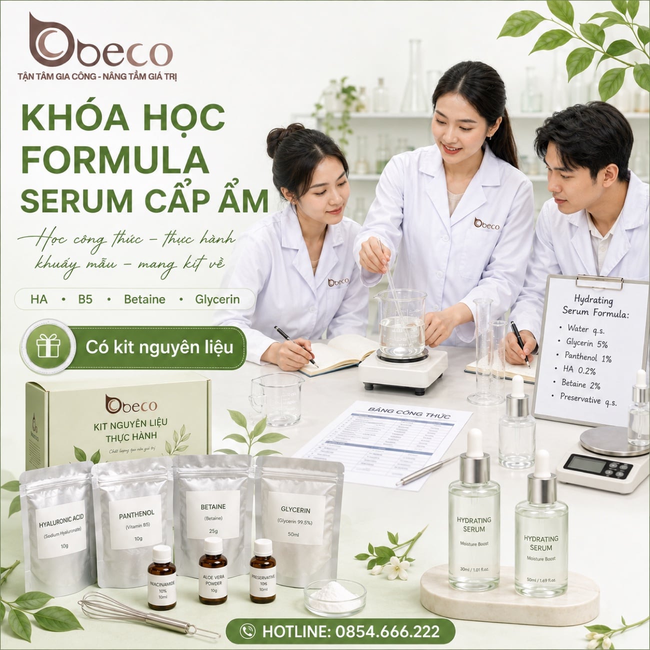 Bộ kit nguyên liệu và thành phẩm khoá học Formula serum cấp ẩm tại BECO