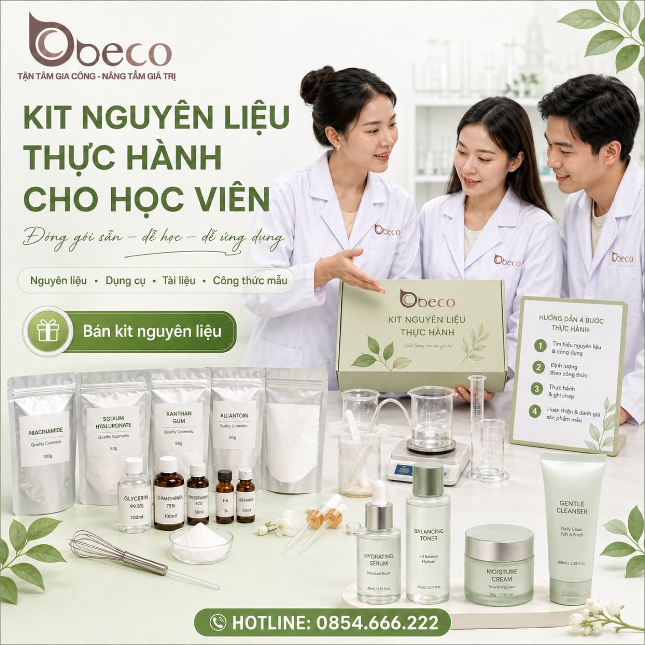 Kit nguyên liệu thực hành BECO cấp cho học viên, gồm nguyên liệu, dụng cụ và tài liệu